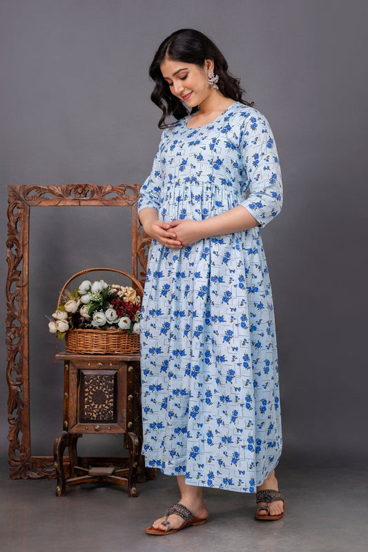 Pure Cotton Maternity Dress With Both-Side Hidden Zip - Floral Blue Position 2