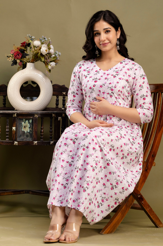Pure Cotton Maternity Dress With Both-Side Hidden Zip - Rosy Position 1