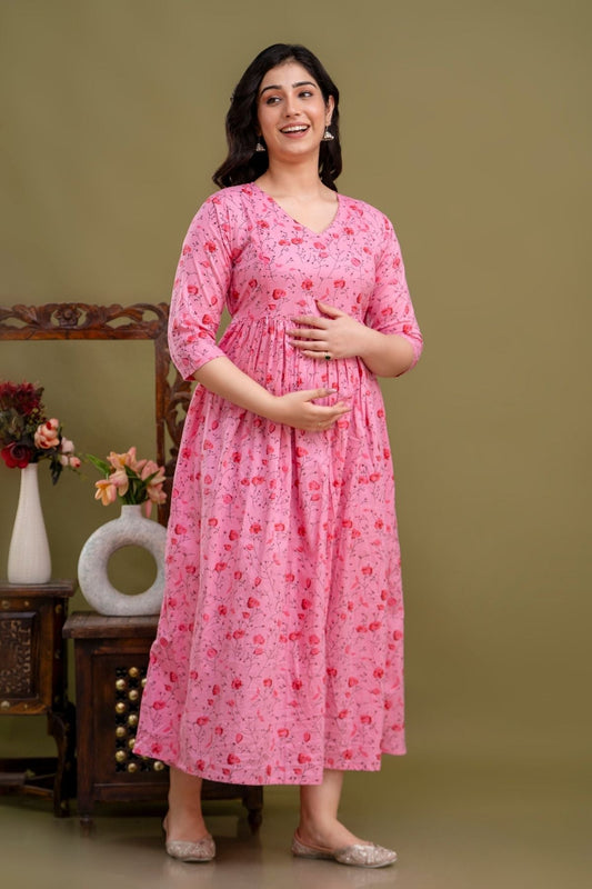 Pure Cotton Maternity Dress With Both-Side Hidden Zip - Rose Petal Position 2