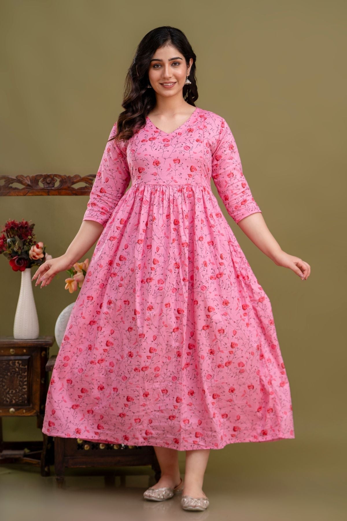 Pure Cotton Maternity Dress With Both-Side Hidden Zip - Rose Petal Position 7