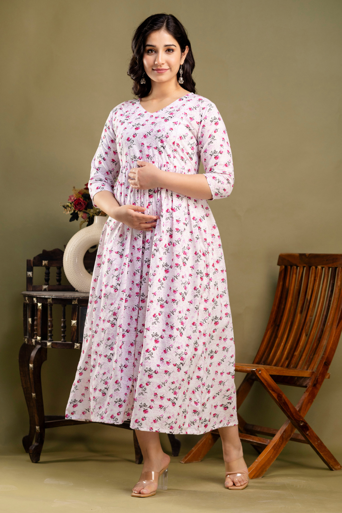 Pure Cotton Maternity Dress With Both-Side Hidden Zip - Rosy Position 2