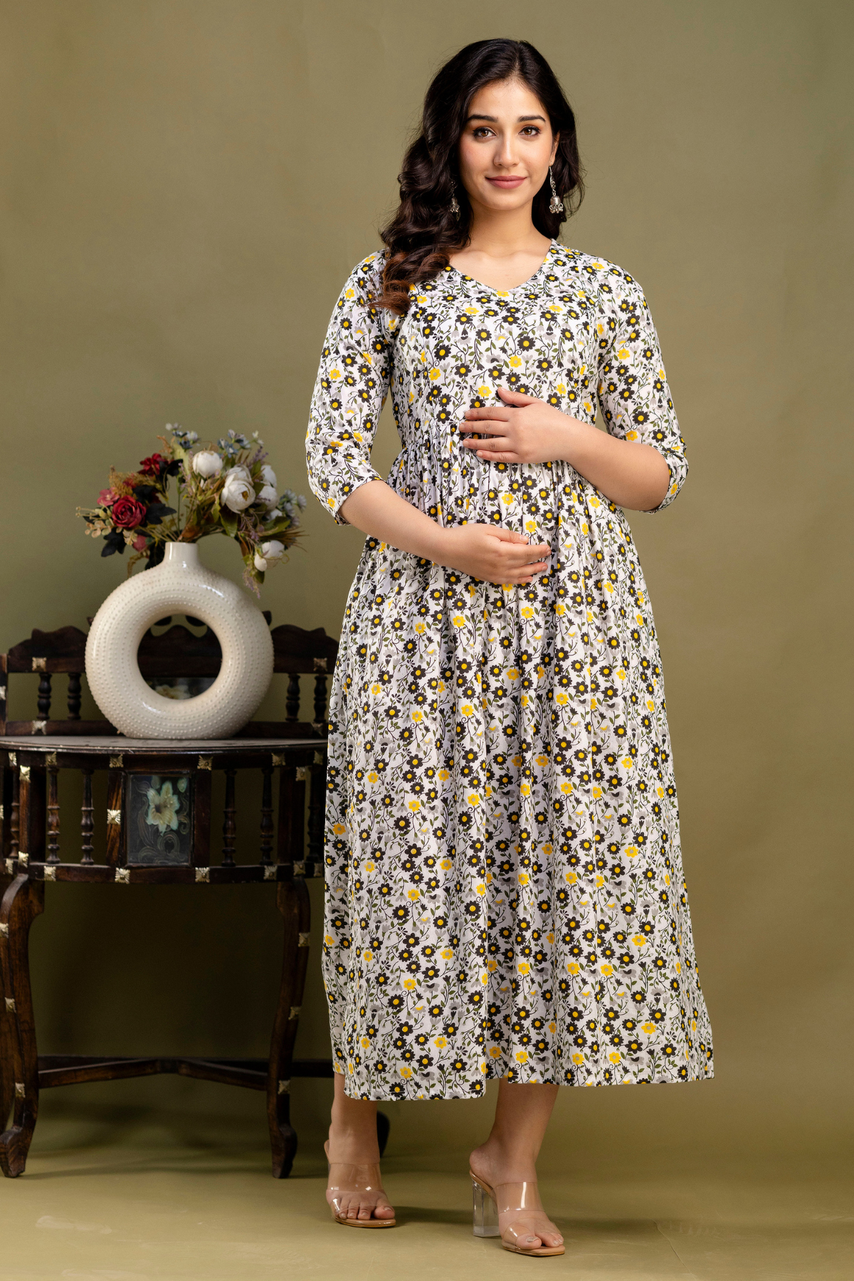 Pure Cotton Maternity Dress With Both-Side Hidden Zip - Bee Sunshine Position 2