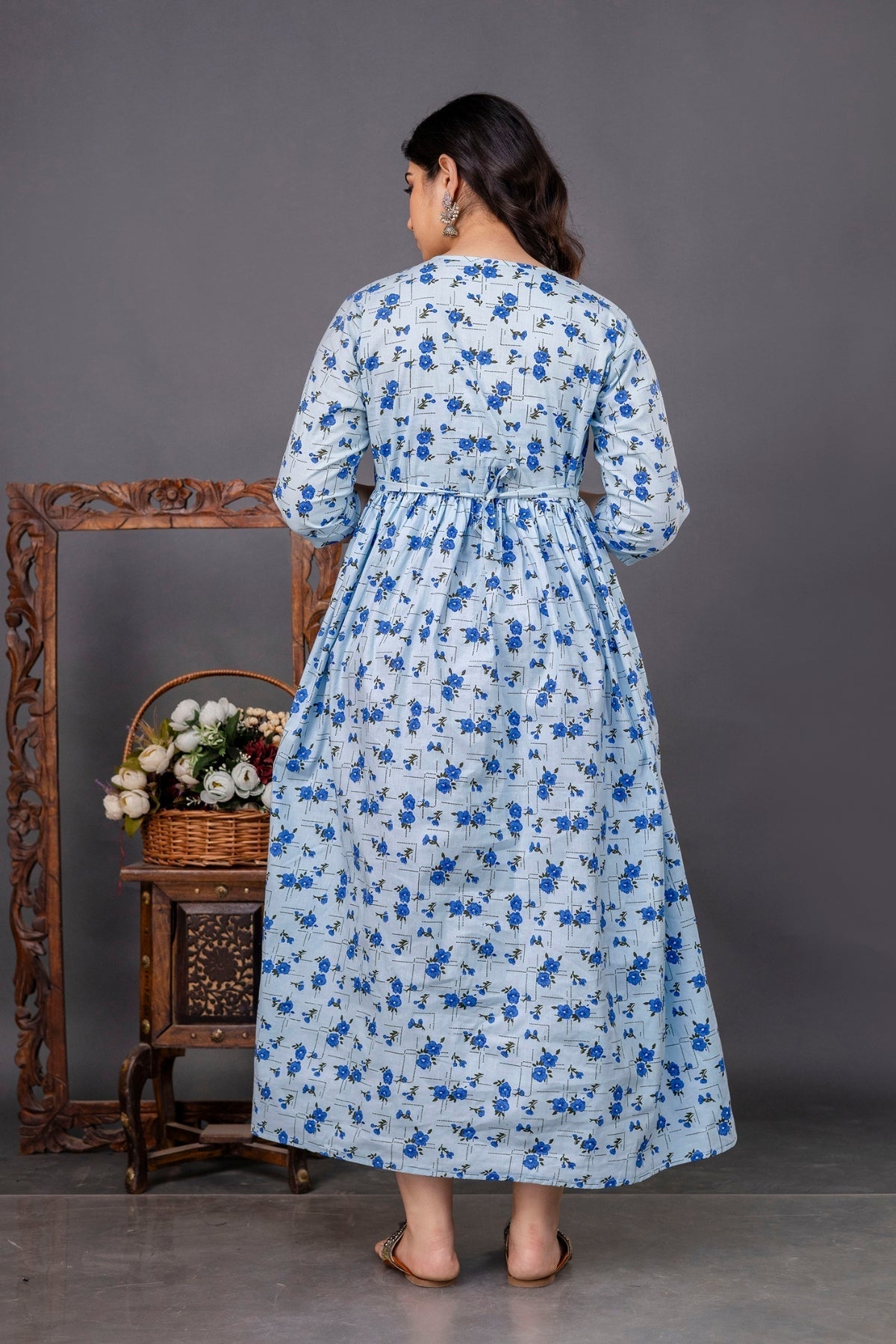 Pure Cotton Maternity Dress With Both-Side Hidden Zip - Floral Blue Position 3