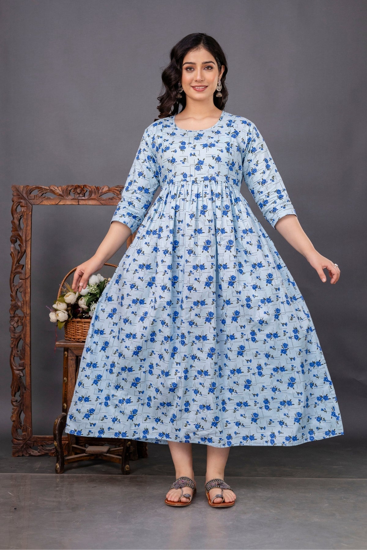 Pure Cotton Maternity Dress With Both-Side Hidden Zip - Floral Blue Position 6