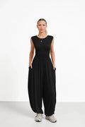 Women's Black Sleeveless Harem Jumpsuit Loose Fit Boho One-Piece with Pockets