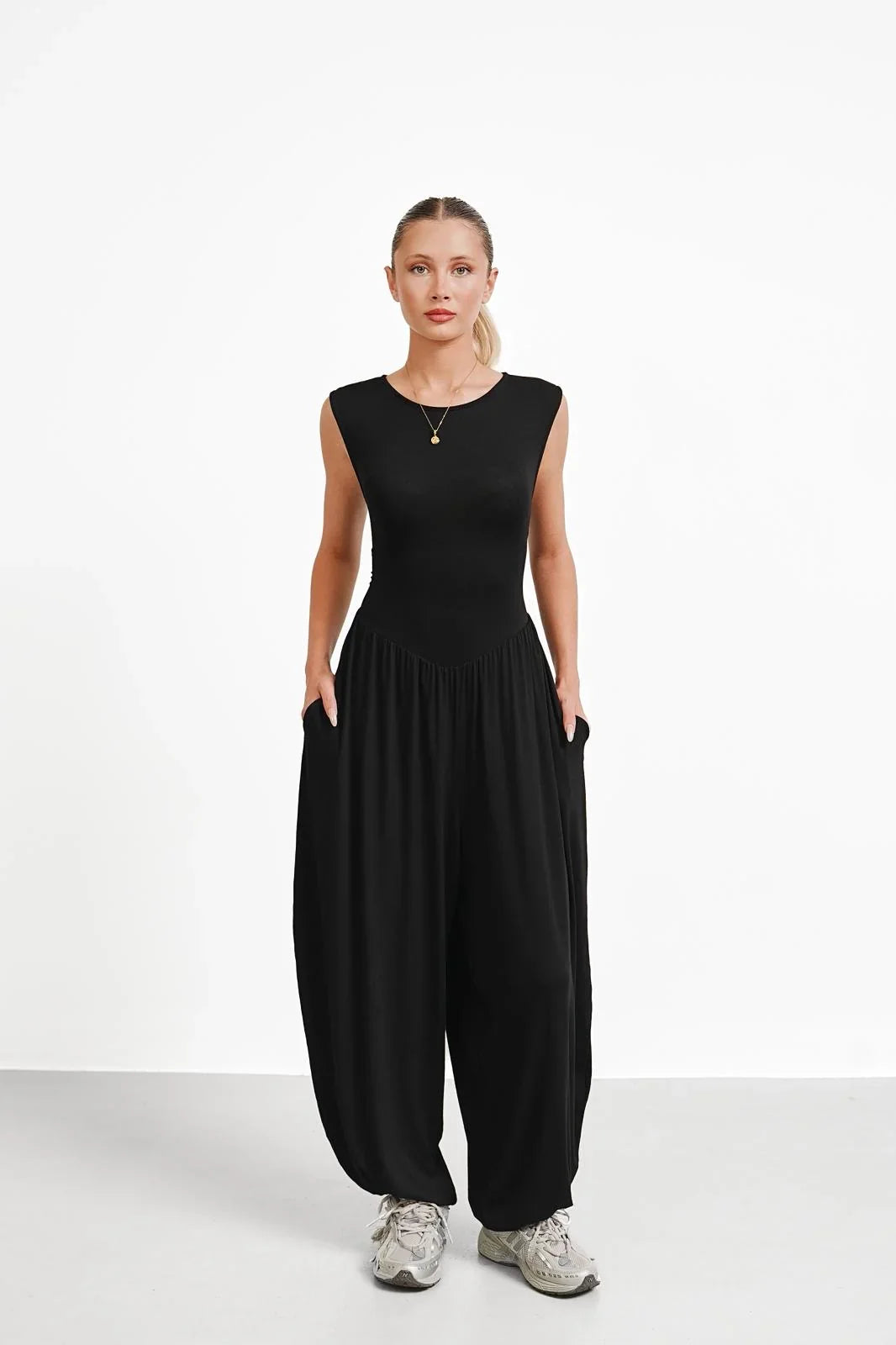 Women's Black Sleeveless Harem Jumpsuit Loose Fit Boho One-Piece with Pockets