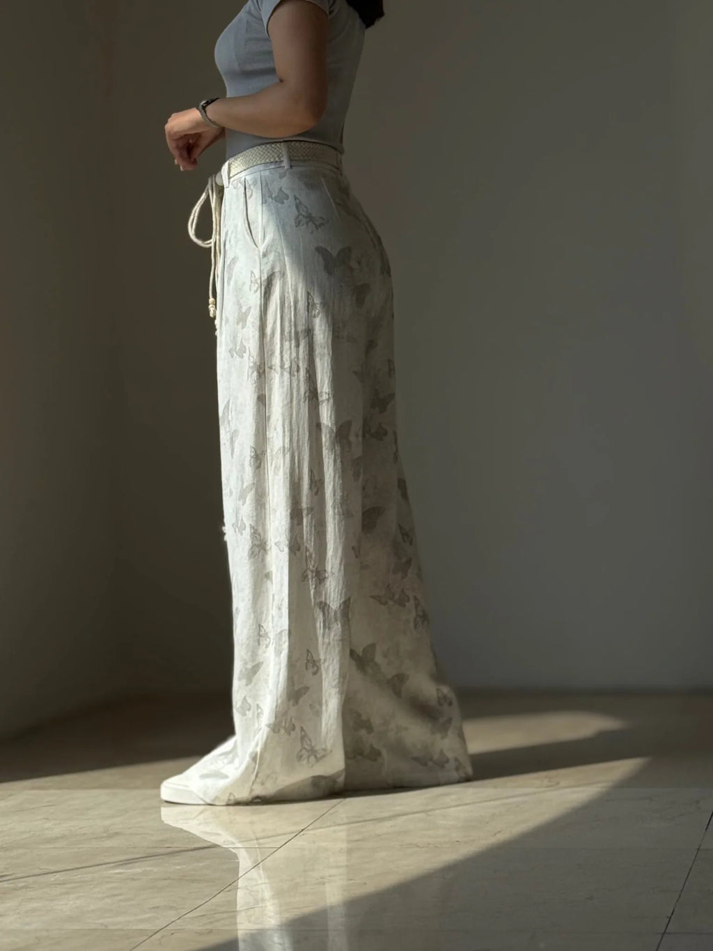 Women's Butterfly Print Wide Leg Palazzo Pants High Waist Casual Linen Blend Trousers