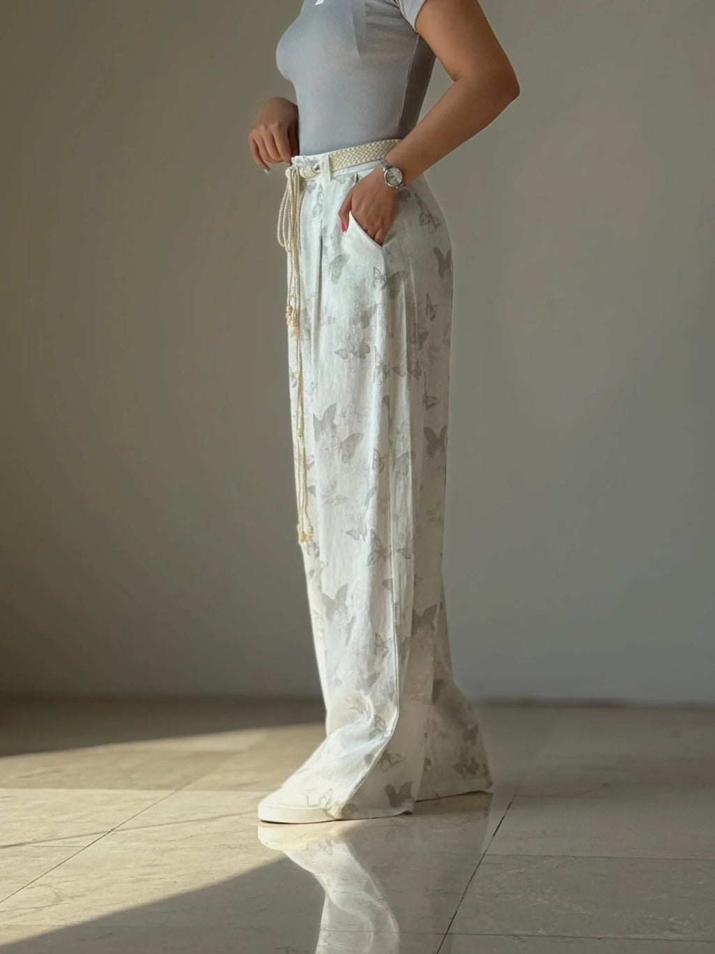 Women's Butterfly Print Wide Leg Palazzo Pants High Waist Casual Linen Blend Trousers