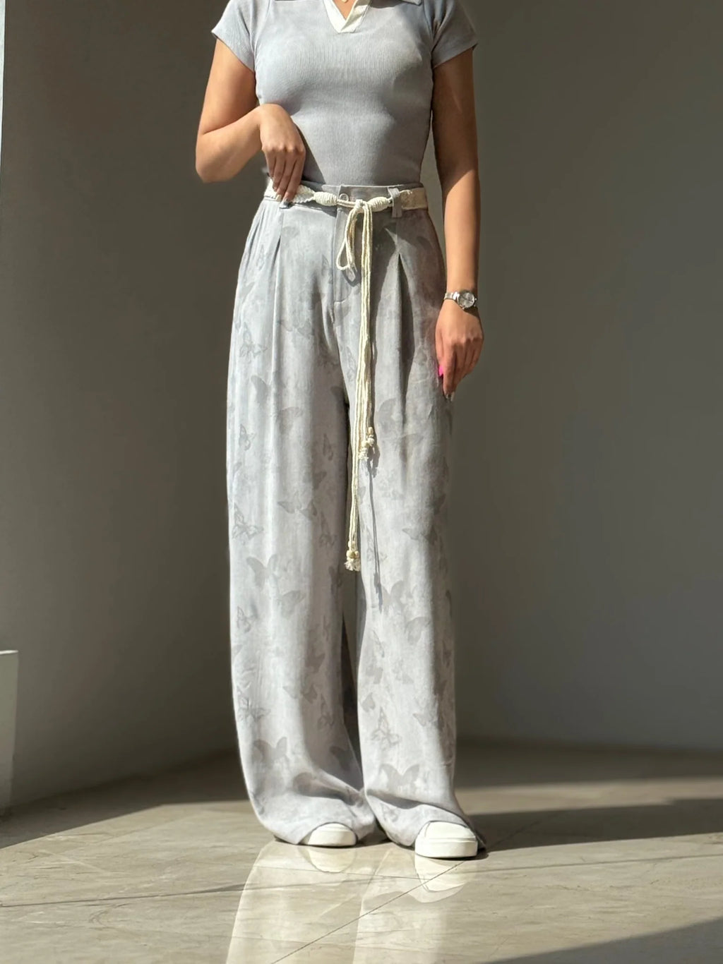 Women's Butterfly Print Wide Leg Palazzo Pants High Waist Casual Linen Blend Trousers
