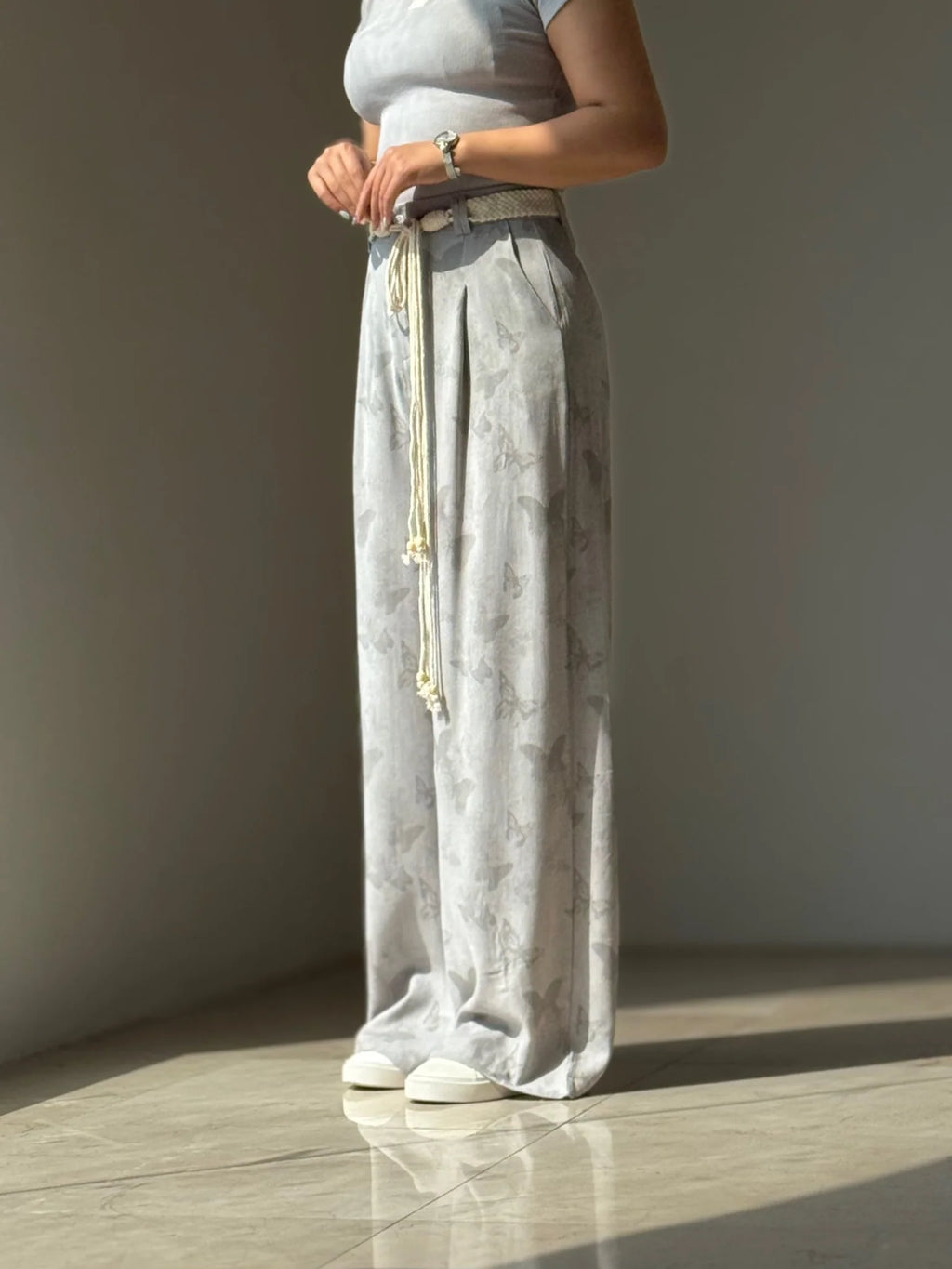 Women's Butterfly Print Wide Leg Palazzo Pants High Waist Casual Linen Blend Trousers