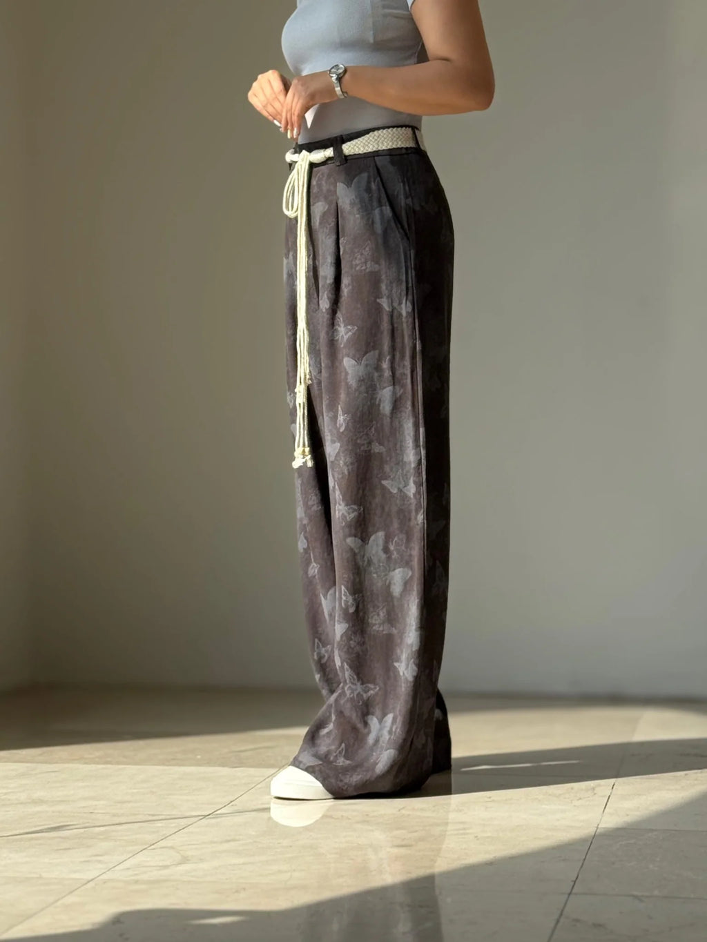 Women's Butterfly Print Wide Leg Palazzo Pants High Waist Casual Linen Blend Trousers