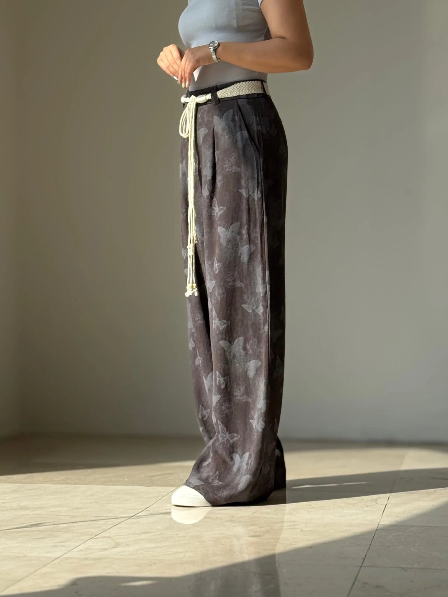 Women's Butterfly Print Wide Leg Palazzo Pants High Waist Casual Linen Blend Trousers