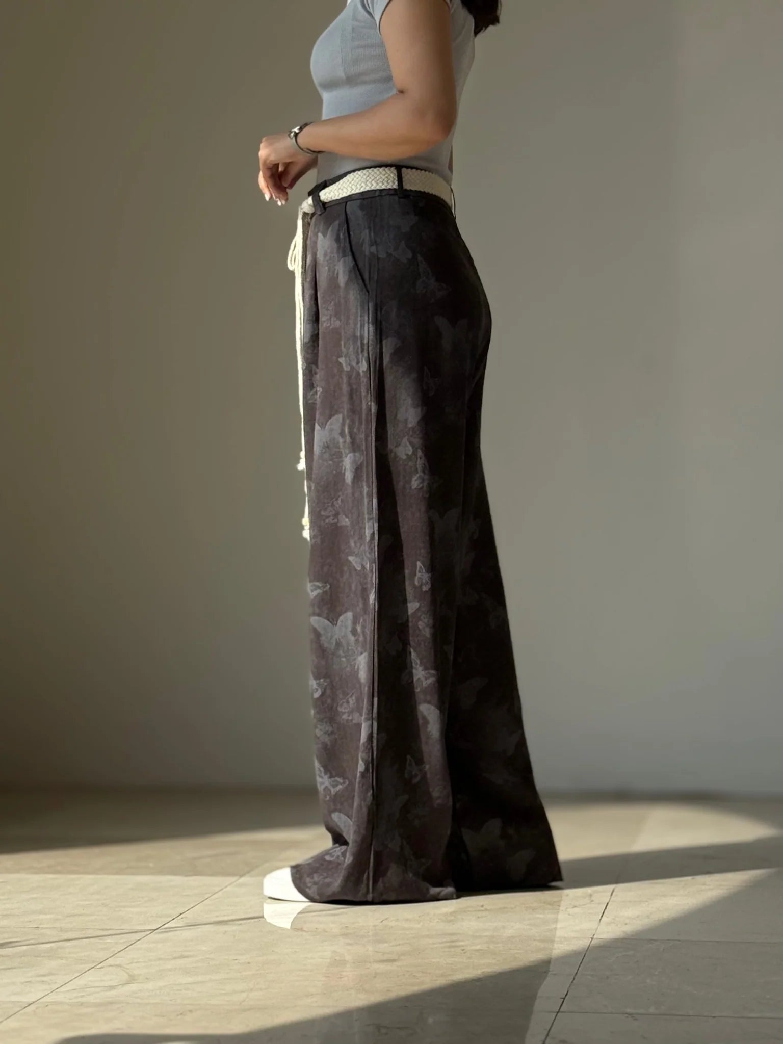 Women's Butterfly Print Wide Leg Palazzo Pants High Waist Casual Linen Blend Trousers