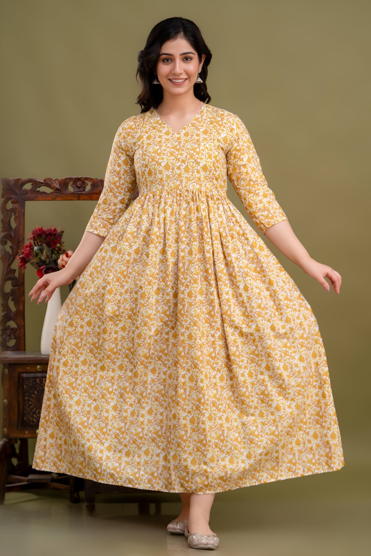 Cotton Maternity Dress, Adjustable Waist & Nursing Friendly - Golden Floral Position 5