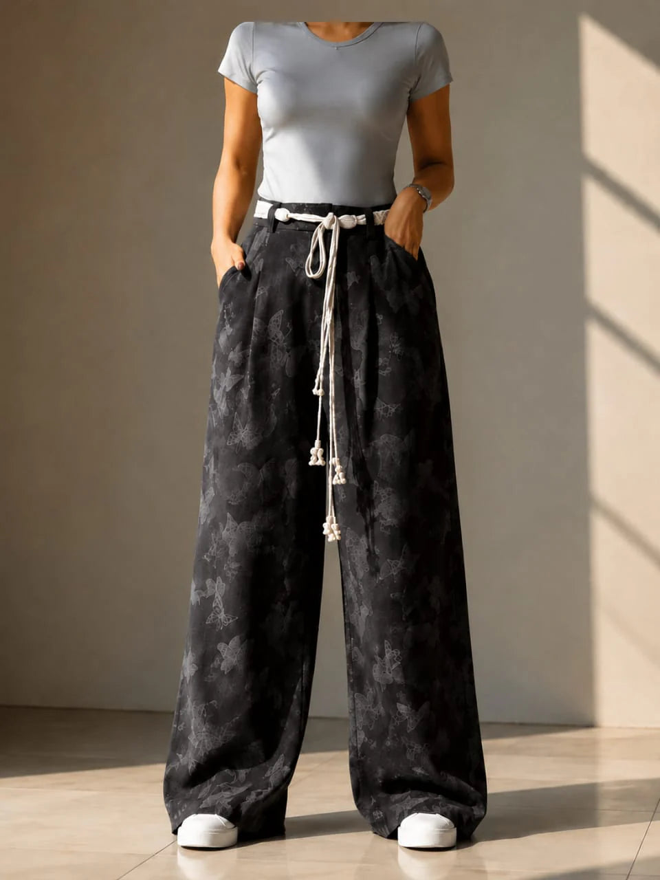 Women's Butterfly Print Wide Leg Palazzo Pants High Waist Casual Linen Blend Trousers