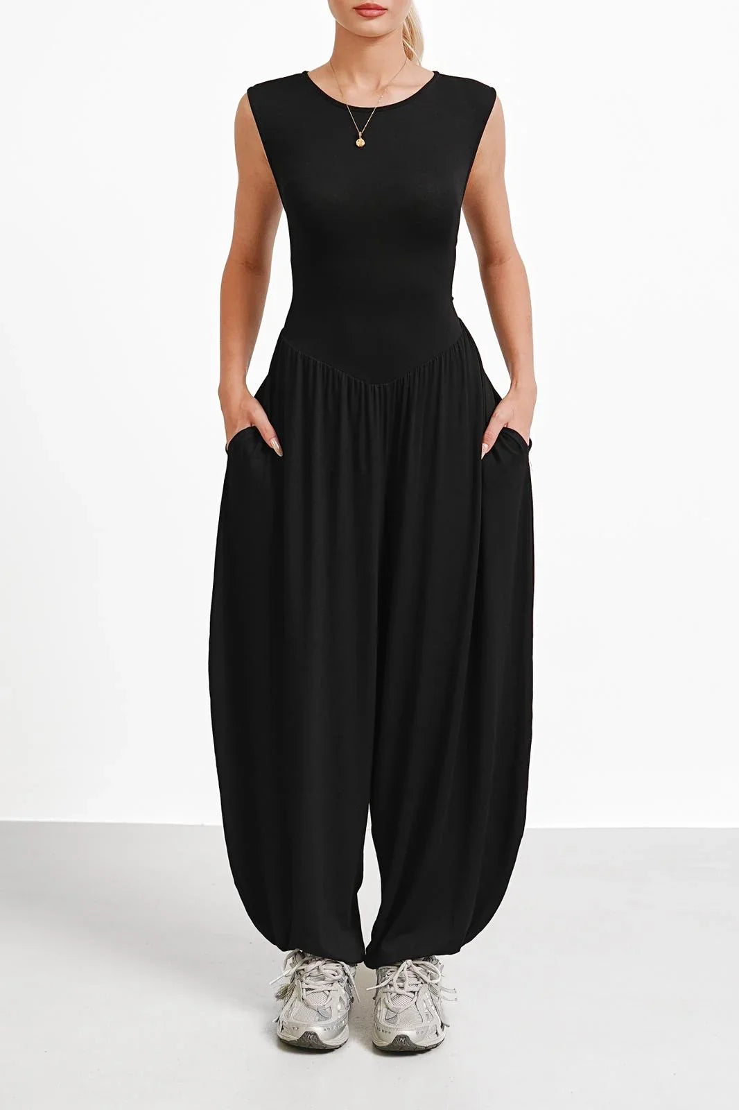 Women's Black Sleeveless Harem Jumpsuit Loose Fit Boho One-Piece with Pockets