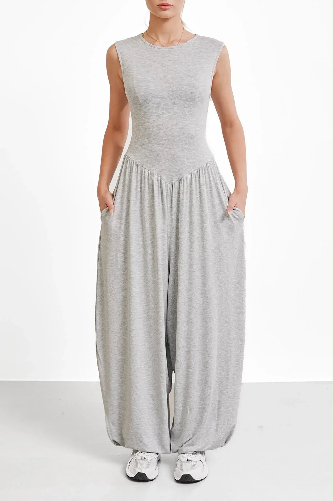 Women's Black Sleeveless Harem Jumpsuit Loose Fit Boho One-Piece with Pockets