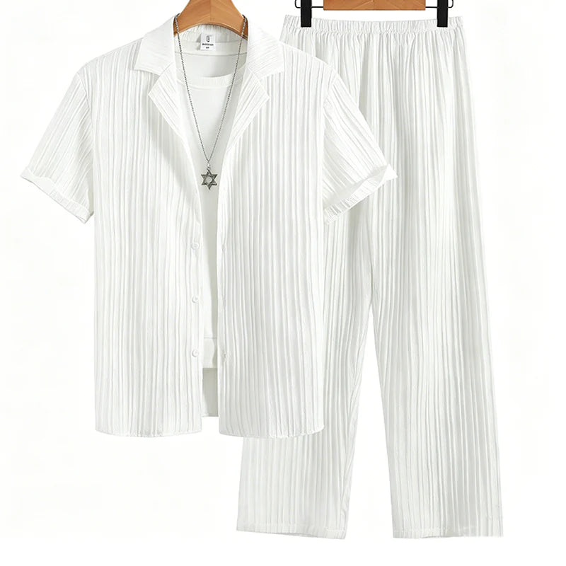 ☁️ Ribbed Comfort Set ✨Men's Ribbed Texture Shirt & Pants Set
